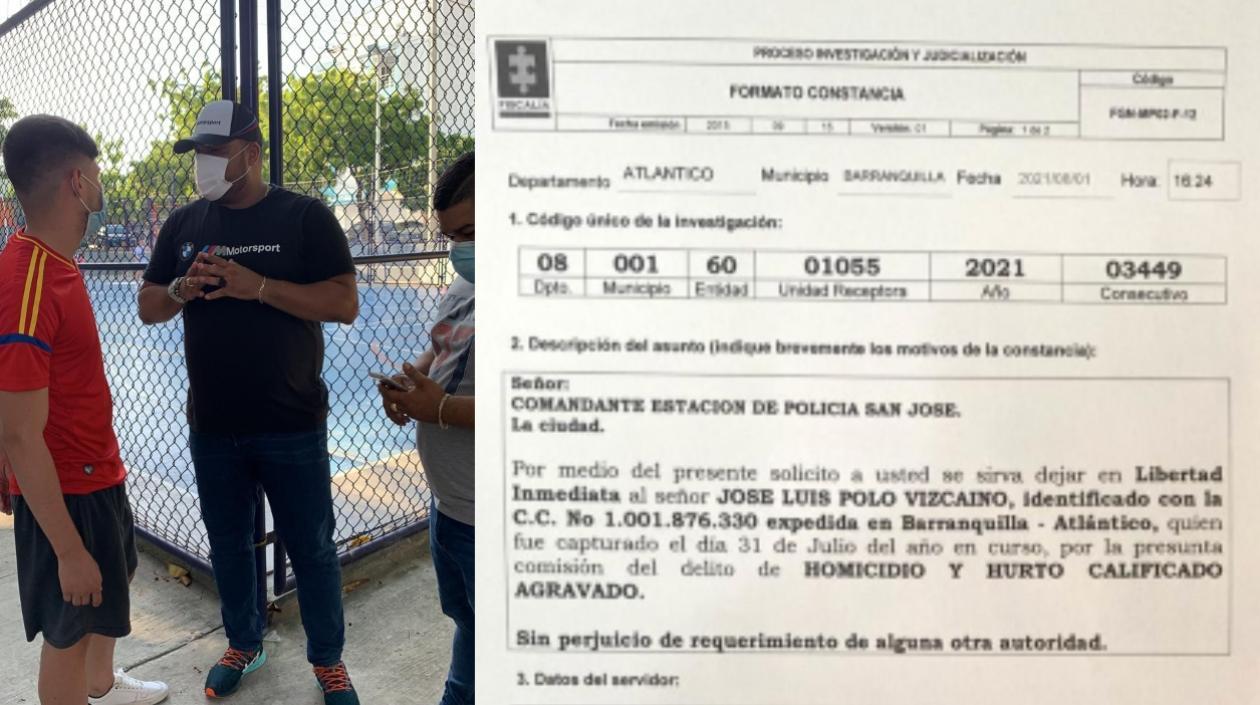 A la izquierda, José Luis Polo (camisa roja) con su abogado Miguel Mercado tras quedar libre; a la derecha, la boleta de libertad emitida por la Fiscalía.