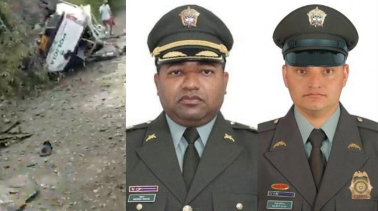 Así quedó la camioneta de la Policía tras el atentado. En la foto, los policías fallecidos, el mayor Mauricio Grosso y el patrullero Wílber Alexánder Silva. 