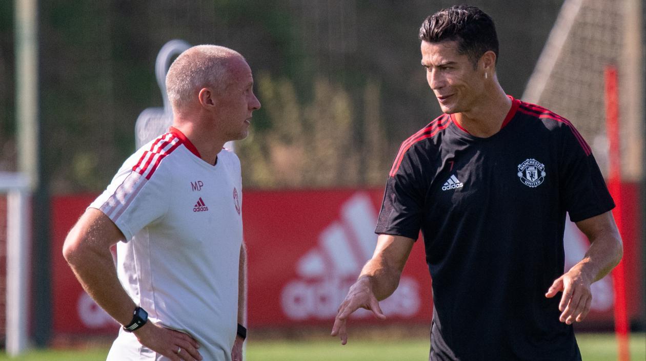 Cristiano Ronaldo en un entrenamiento con el Manchester. 