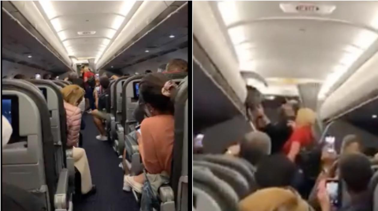 Pasajeros observan la expulsión de los dos viajeros por no usar tapabocas.