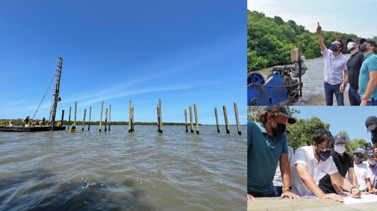 Pilotes en la ciénaga de Mallorquín, obra inspeccionada por el alcalde Jaime Pumarejo.