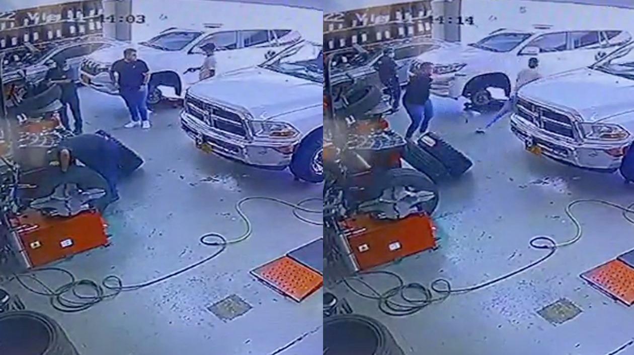 Momento en que fue baleado el atracador. 