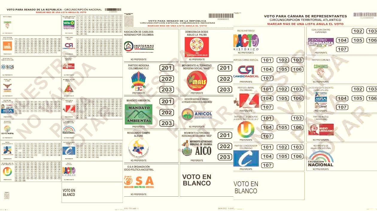 Diseño de tarjetones de Senado Nacional, Indígenas y Cámara Atlántico.
