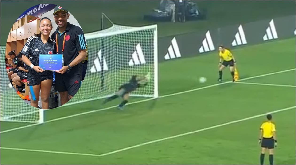 Luisa Agudelo en el momento de atajar el penal y al lado de Carlos Pérez. 