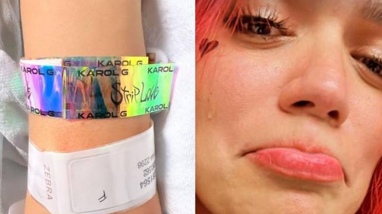 Brazo de la mujer que dio a luz y Karol G.