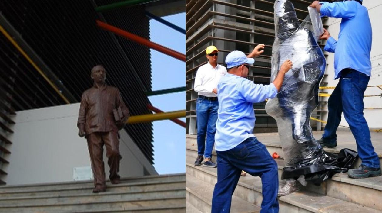 El proceso de embalaje de la escultura de Gabo en el Parque Cultural del Caribe.