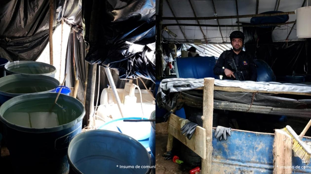 El laboratorio y la droga incautada. 