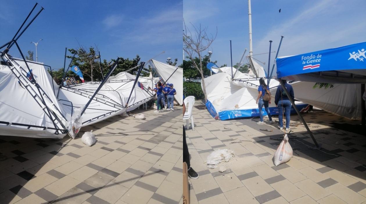 Así quedaron varias de las carpas por efectos de la fuerte brisa.