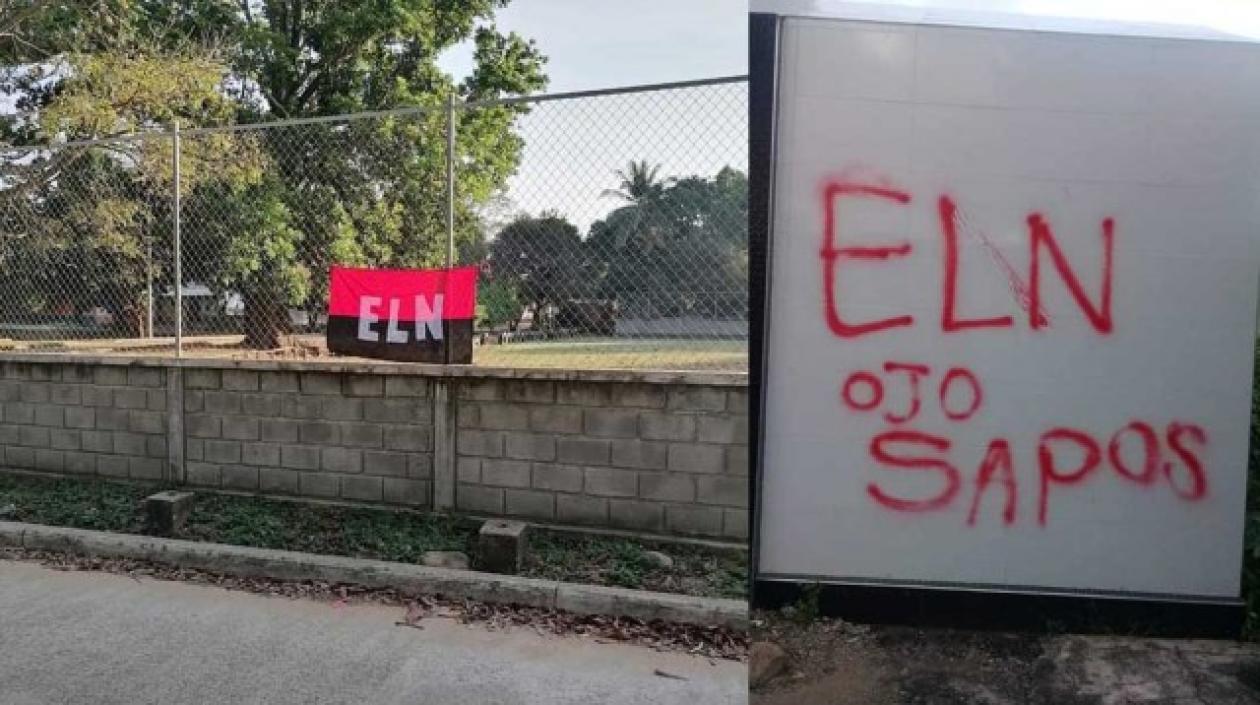 Banderas alusivas al ELN en Pelaya. 