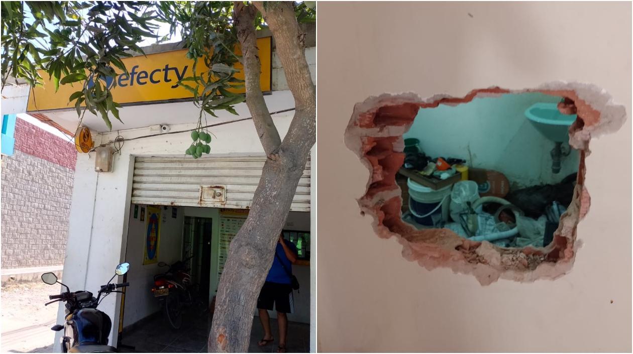 El Efecty robado en Santo Tomás, con el hueco por donde entraron los delincuentes. 