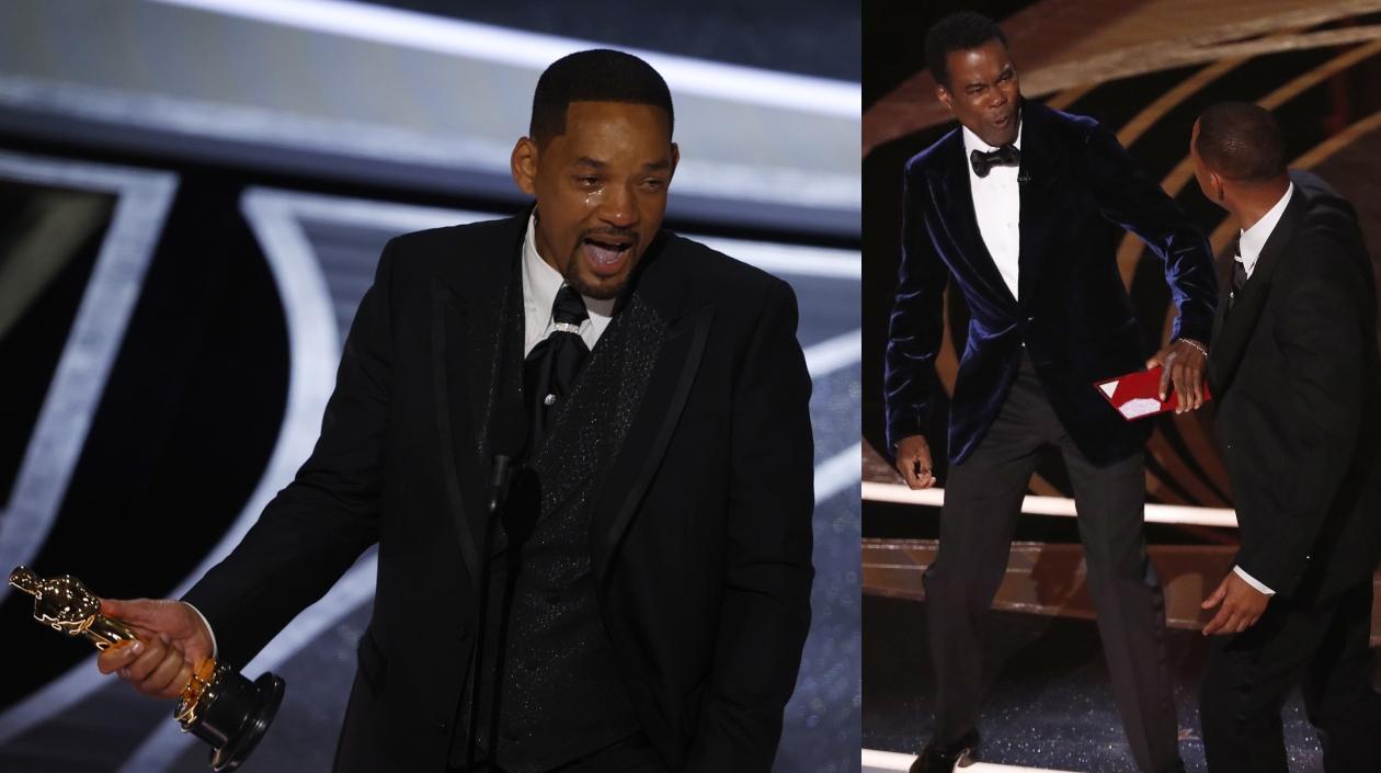 Will Smith, con la estatuilla y golpeando a Rock.