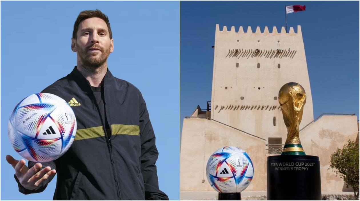 Al Rihla con Lionel Messi y el trofeo de la Copa Mundial. 