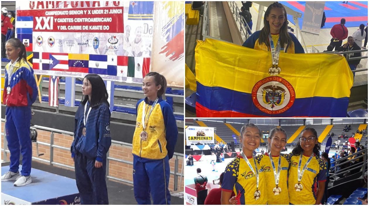 Laudith Cabrera con sus medallas, acompañada de Lorelain Acosta y Gabriela Herrera.
