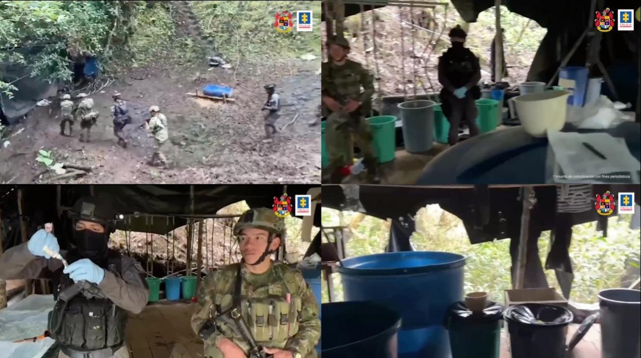 El laboratorio y la droga incautada.