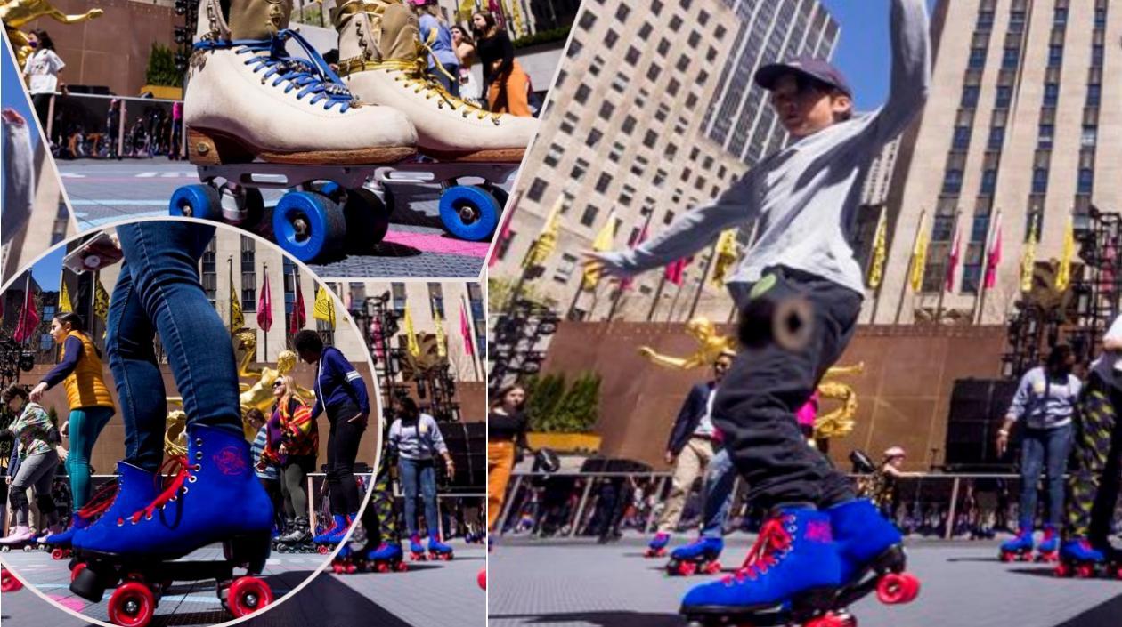 Patinadores durante la jornada inaugural de la nueva pista de patinaje sobre ruedas del Rockefeller Center denominada 'Flipper's Roller Boogie Palace' en Nueva York.