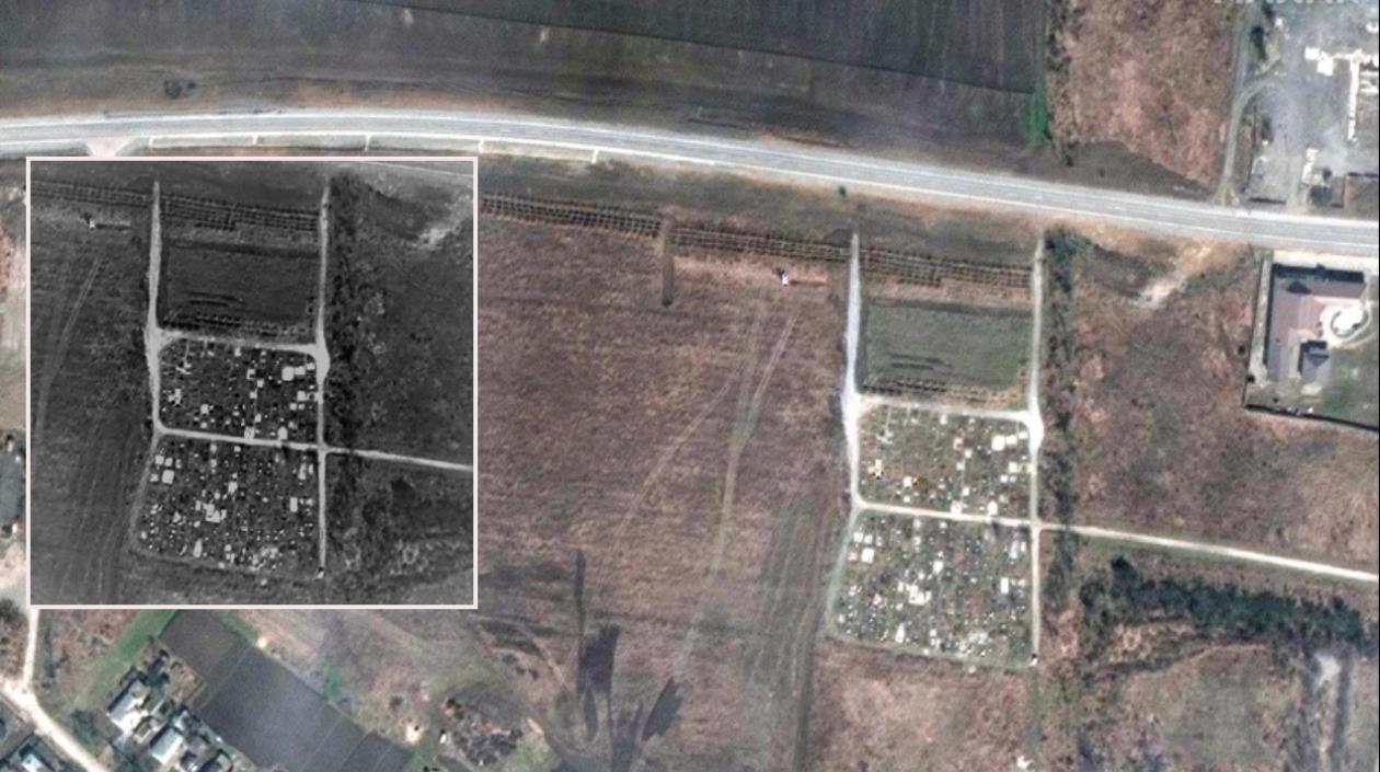 Imágenes tomadas desde un satélite por la empresa tecnológica Maxar de las fosas comunes en Mariúpol.