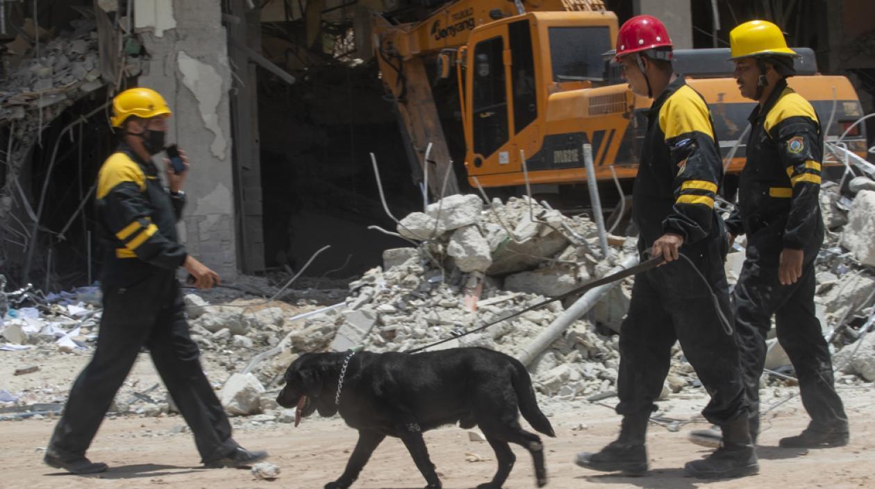  Varios rescatistas conducen a un perro durante las labores de rescate en el destruido hotel Saratoga, que continúan hoy, en La Habana (Cuba). 
