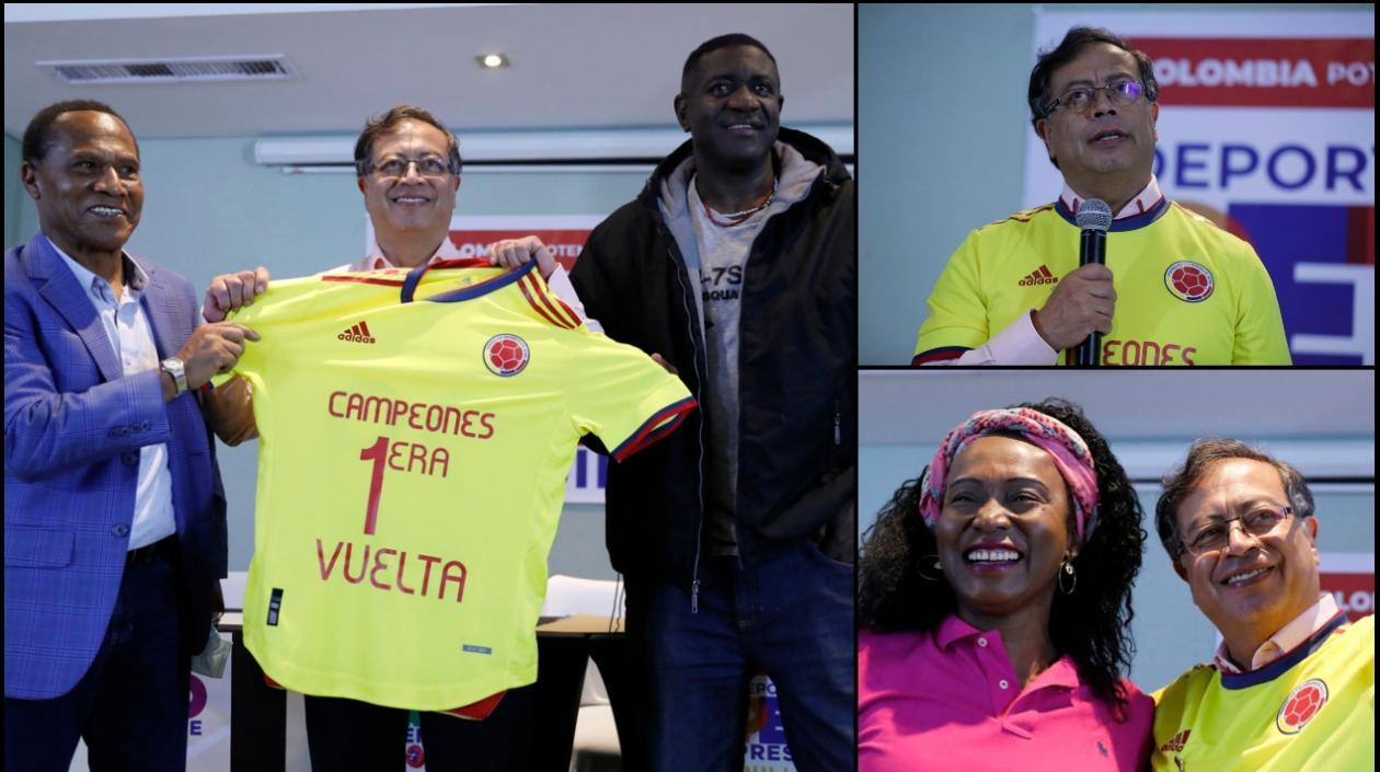 Gustavo Petro posa hoy junto a los exfutbolistas Willington Ortiz (i) y Adolfo "el Tren" Valencia (d). En la otra foto con María Isabel Urrutia.