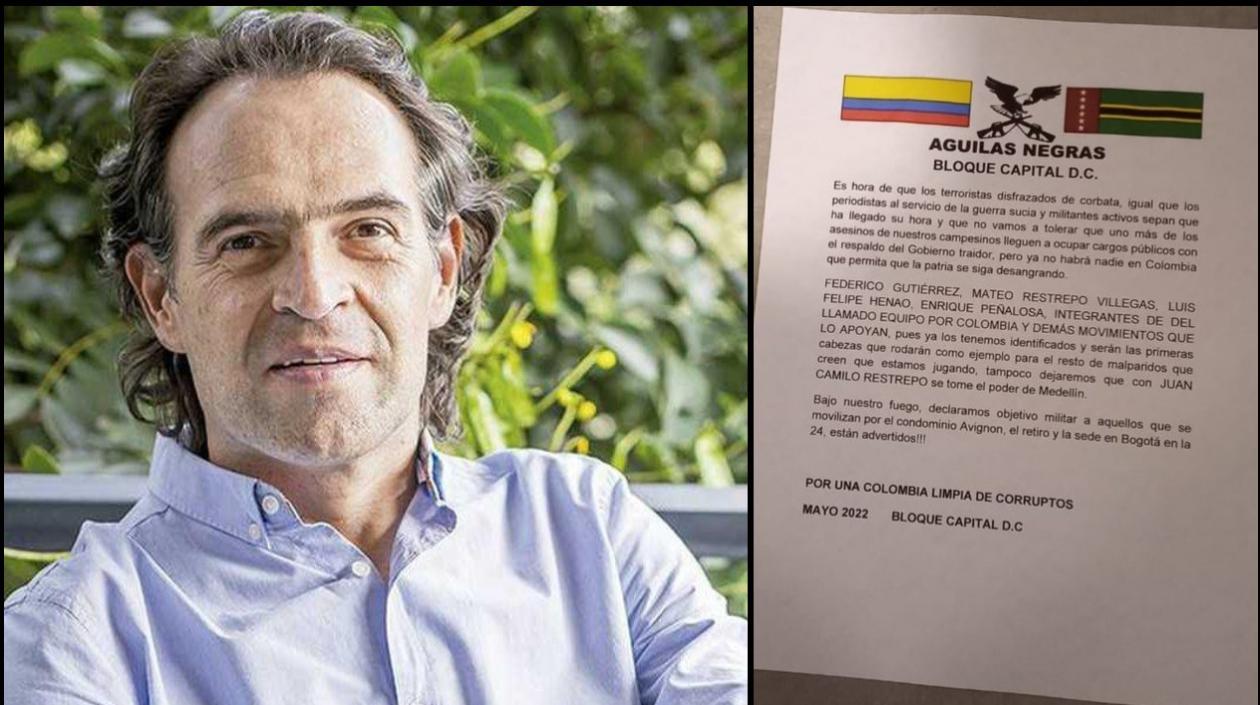 Fico Gutiérrez fue amenazado en un panflecto, presuntamente por el bloque Capital de 'Las Águilas Negras'.
