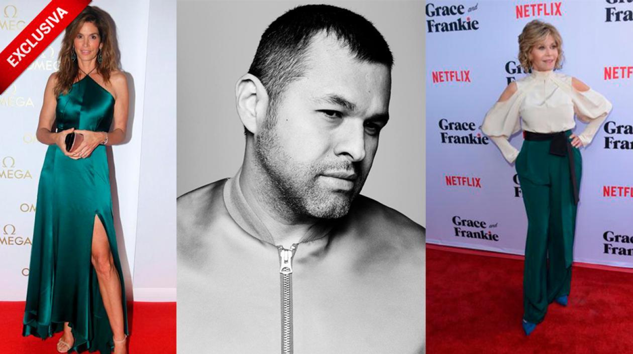 Juan Carlos Obando  entre dos de las muchas estrellas que han lucido sus creaciones: Cindy Crawford y Jane Fonda.