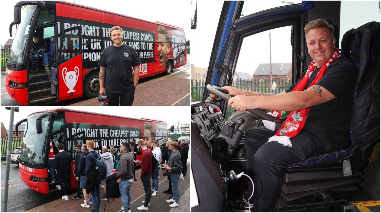 Simon Wilson y el bus donde llevó a los hinchas. 