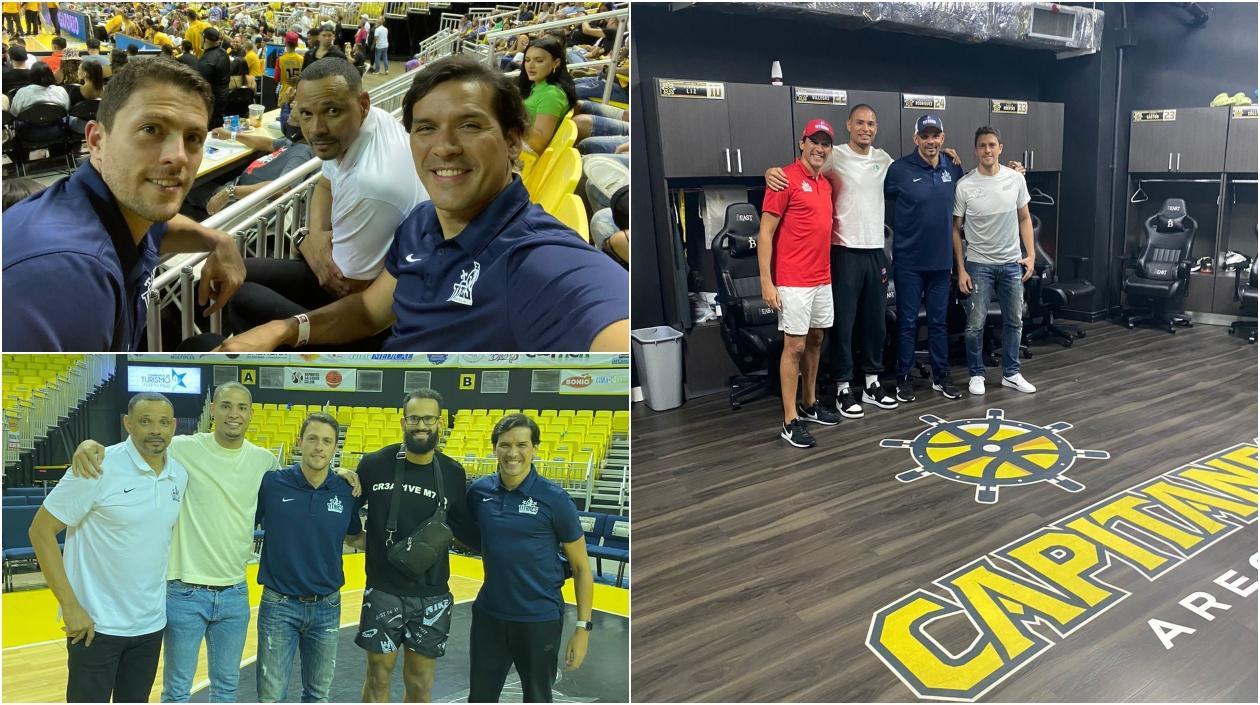 Alberto Caparroso, presidente de Titanes; Gianlucca Bacci, gerente del equipo; Tomás Díaz, coach de Titanes y el jugador puertorriqueño Jonathan Rodríguez.
