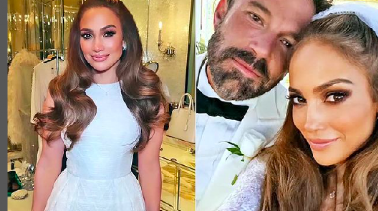 Jennifer López con uno de los vestidos que usó. En la otra foto después de la ceremonia junto a su esposo Ben Afleck.