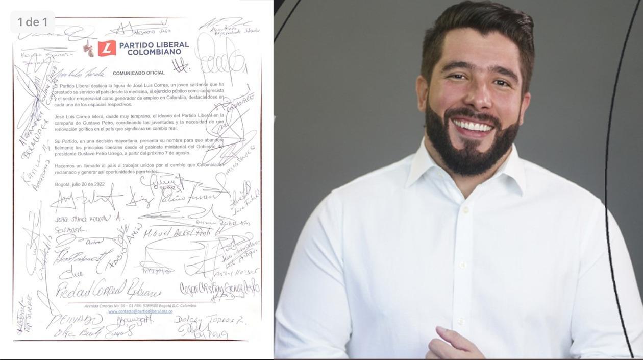 La carta del Partido Liberal a Petro en la que postulan a José Luis Correa.