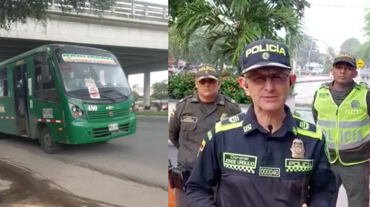 El bus presuntamente atracado y el coronel Jorge Urquijo.