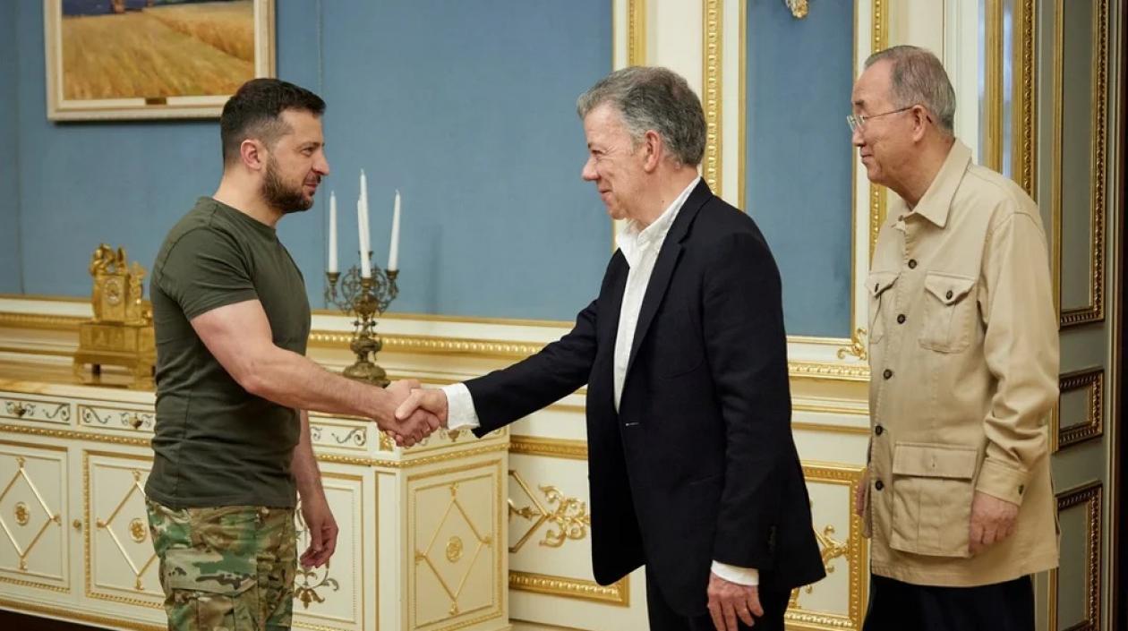 Juan Manuel Santos, Ban Ki Moon y el presidente de Ucrania, Volodímir Zelensky.