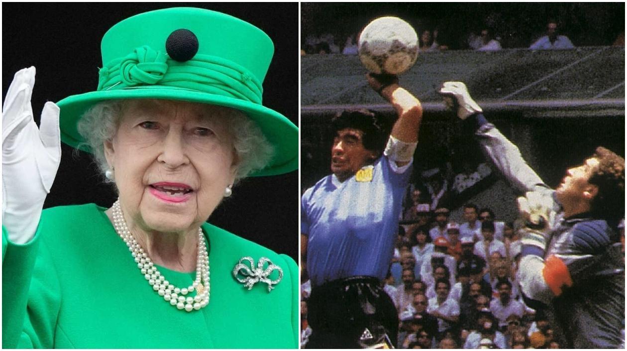La reina Isabel II y Diego Maradona, autor de la 'mano de Dios'. 