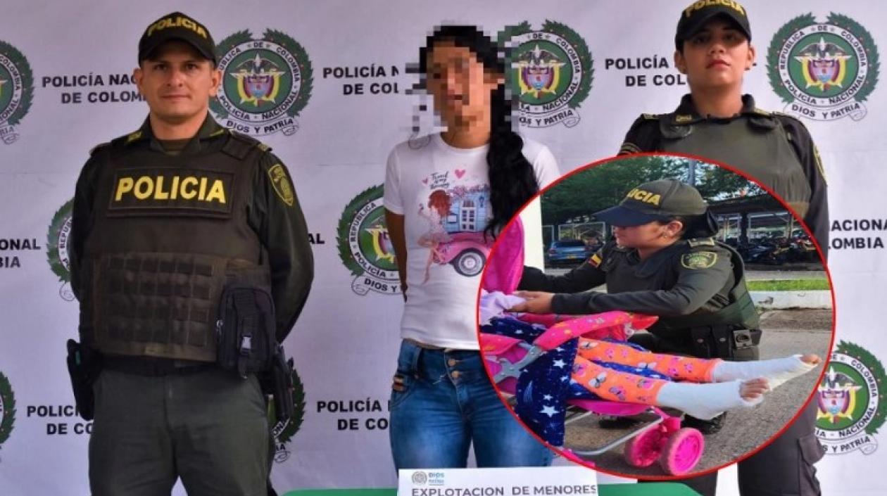 La capturada. En el recuadro la niña entre el coche con las piernas enyesadas.