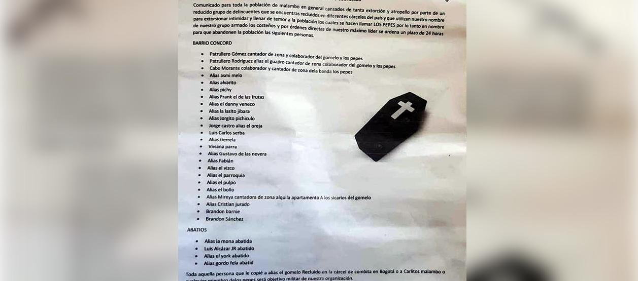 Panfleto a nombre de 'Los Costeños'.