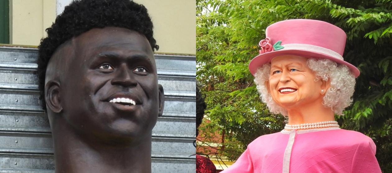 Muñecos gigantes de 'O Rei' Pelé y la reina Isabel II.