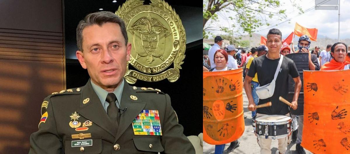 Director de la Policía Henry Sanabria y caicedistas durante bloqueo de ayer. 