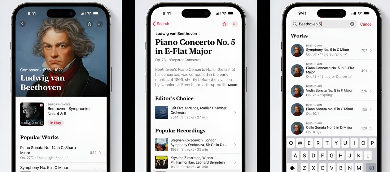 Ventanillas de la nueva aplicación Apple Music Classical.