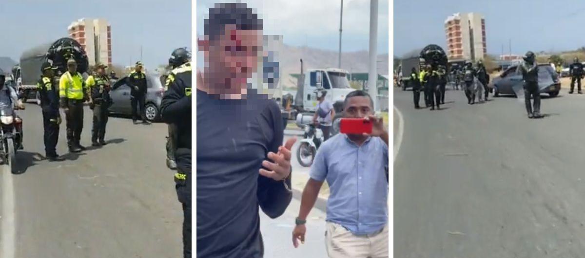 El Esmad en el sitio de la marcha en Santa Marta, en el centro, la persona herida.