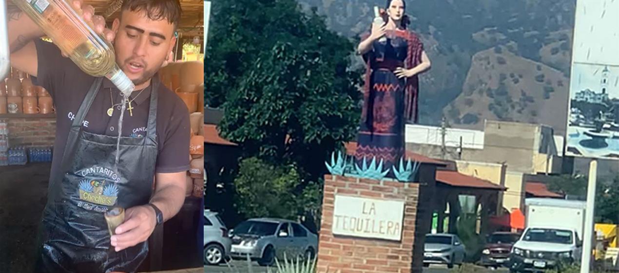 Preparación de un coctel de tequila, y a la derecha, el monumento de María Félix.