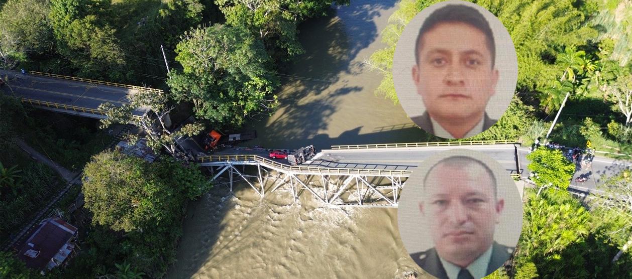 El puente colapsado y los dos policías fallecidos, Jose David Márquez Floréz y Nelson Fabian Salgado Pérez