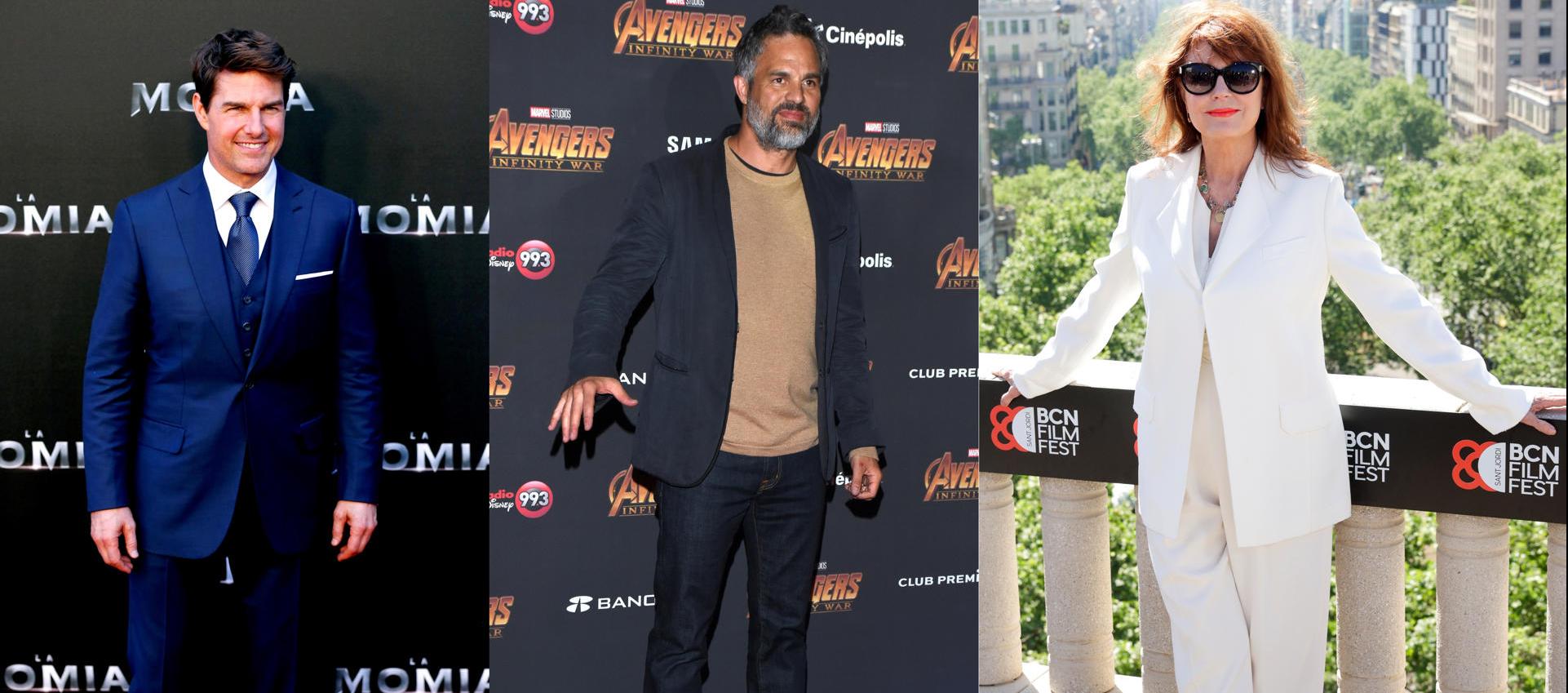 Composición de tres fotografías de archivo donde aparecen los actores Tom Cruise, Mark Ruffalo y Susan Sarandon.