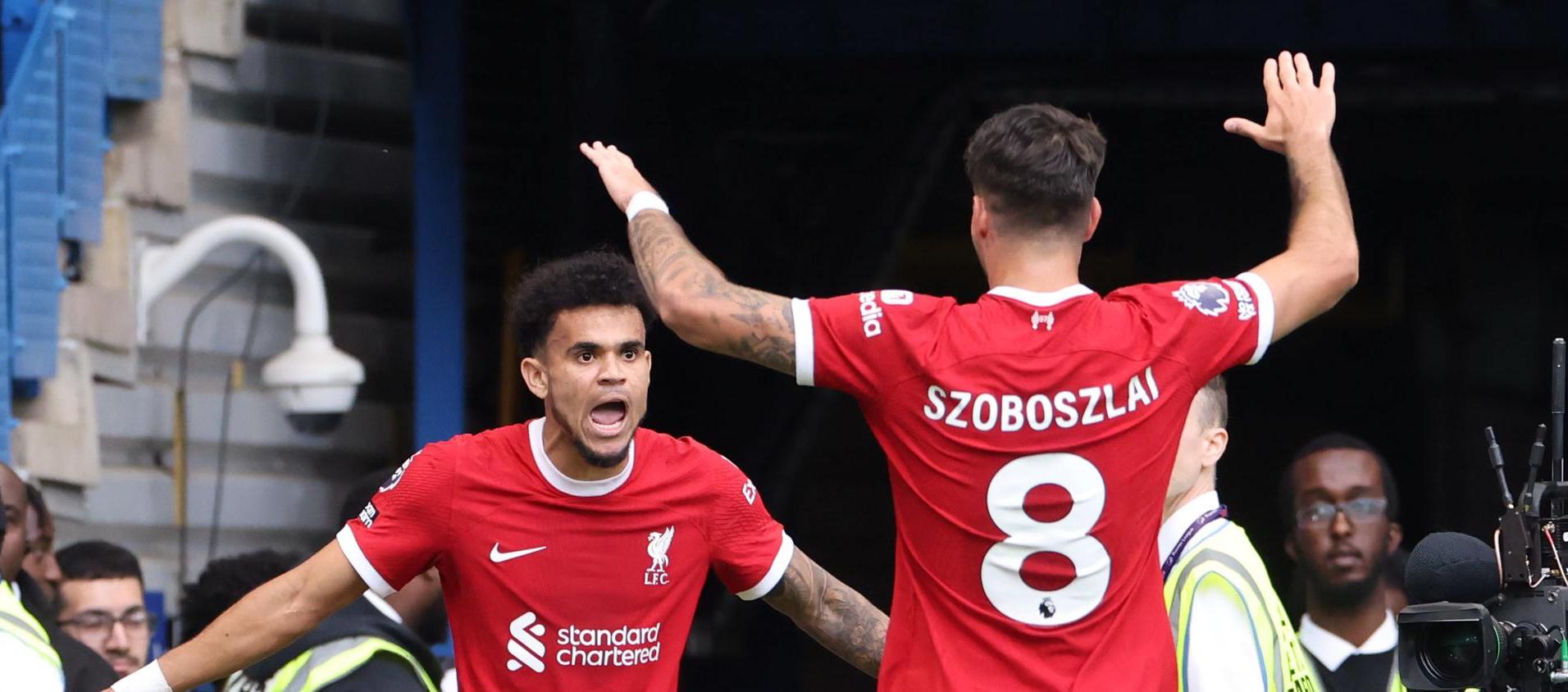 Luis Díaz celebrando su gol con su compañero Dominik Szoboszlai.
