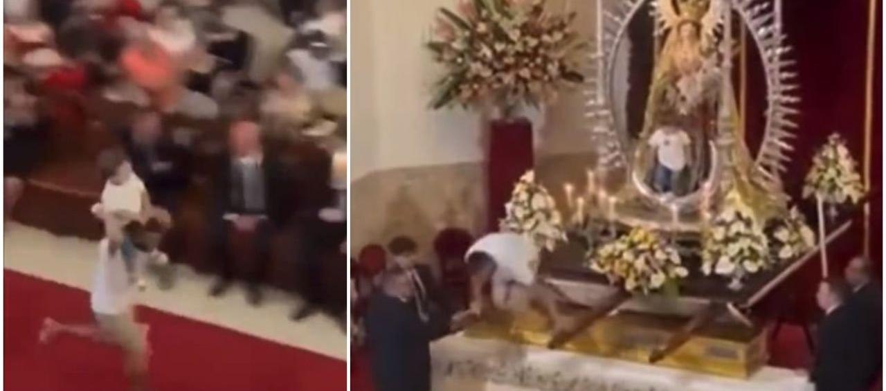 Hombre intenta sentar a su hijo al lado de la Virgen del Carmen. 