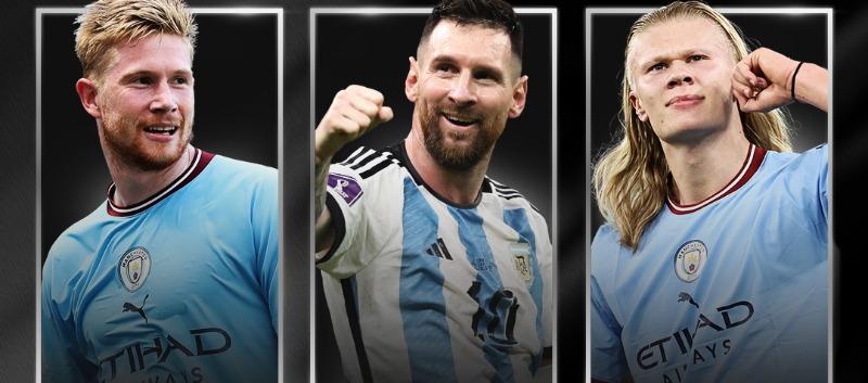 Los tres nominados al premio: Kevin De Bruyne, Lionel Messi y Erling Haaland. 