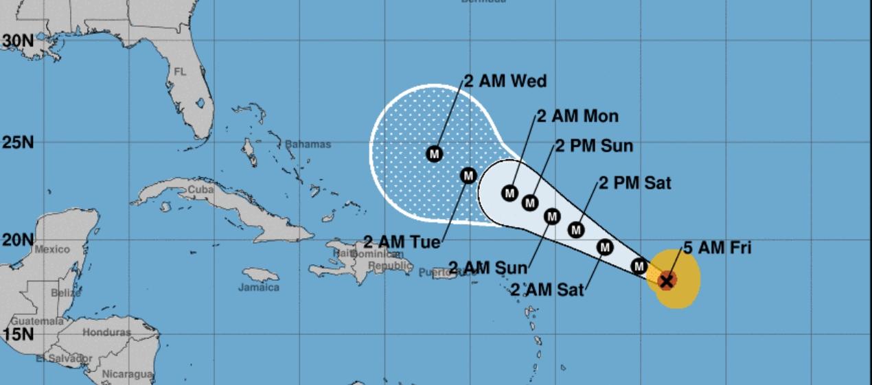Trayectoria del huracán 'Lee' pronosticada por el Centro Nacional de Huracanes. 