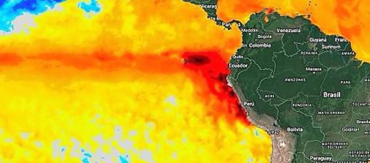 Zona roja registra el calentamiento del Pacífico frente la costas de Ecuador, característica de El Niño. 
