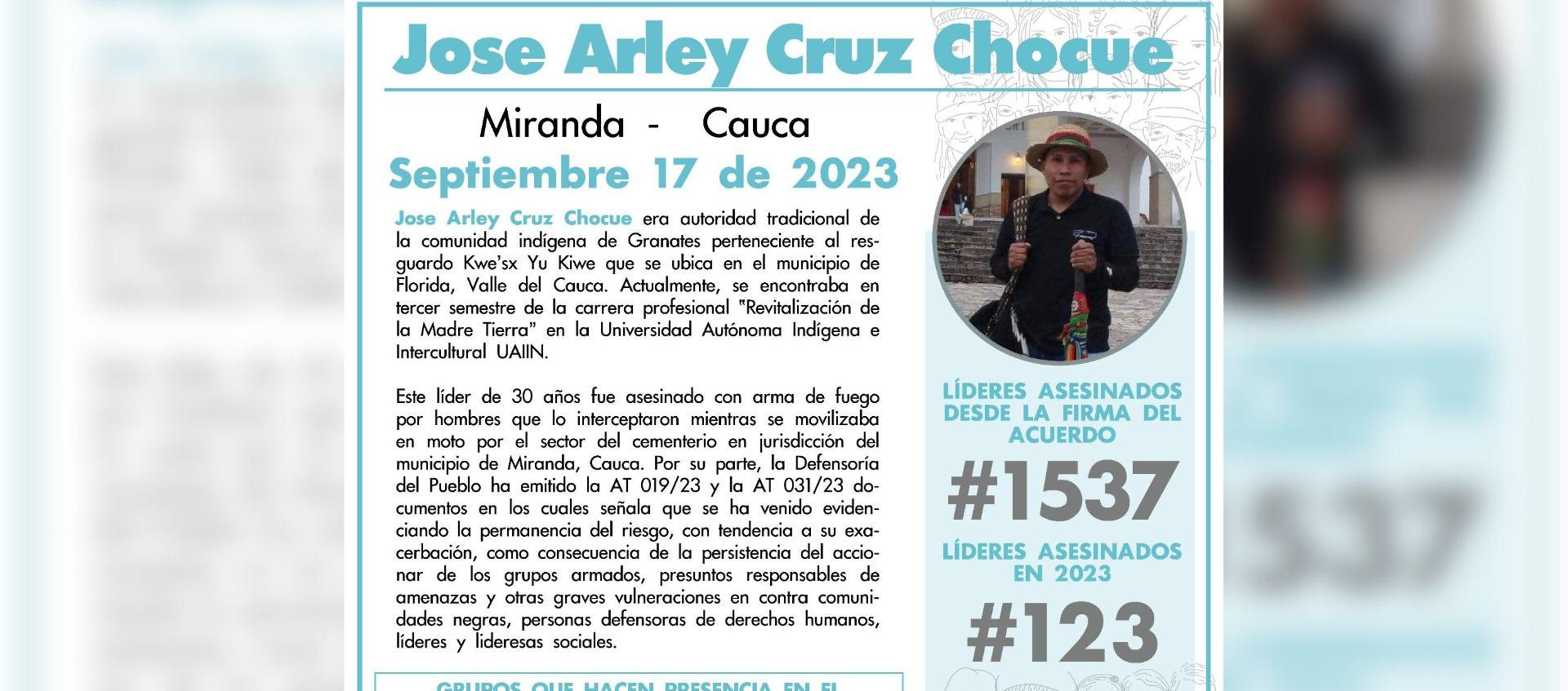 José Arley Cruz, líder indígena asesinado.