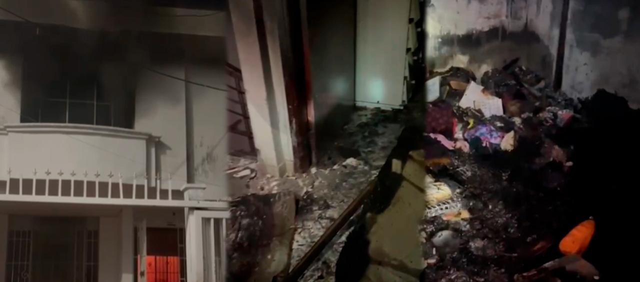 Así quedó la fachada y el interior de la casa después del incendio.