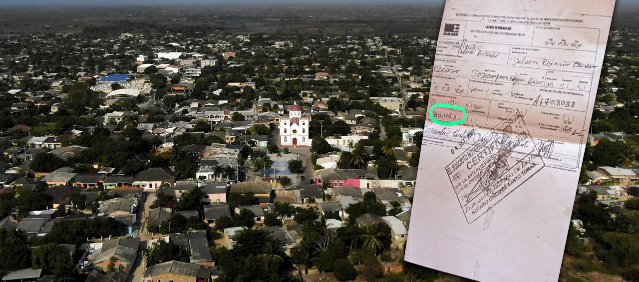 Acta de inhumación de Edgardo Escorcia y una vista aérea de Palmar de Varela