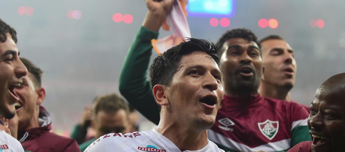 La celebración de Germán Cano con sus compañeros.