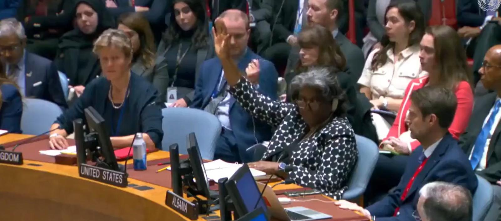 Momento en el que la embajadora estadounidense Linda Thomas-Greenfield levantó el brazo.